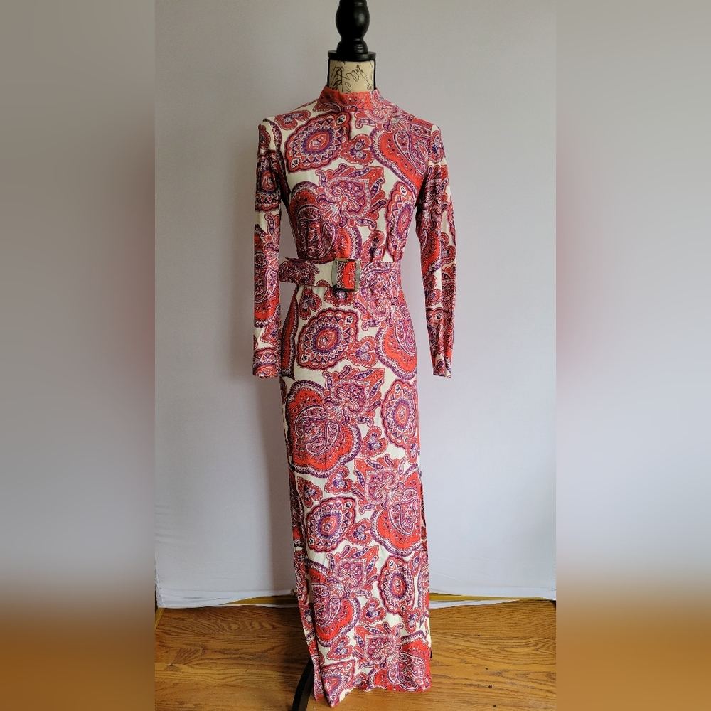60s To 70s Vintage Boho Paisley Dress Long Sleeve Mock Neck Maxi Dress